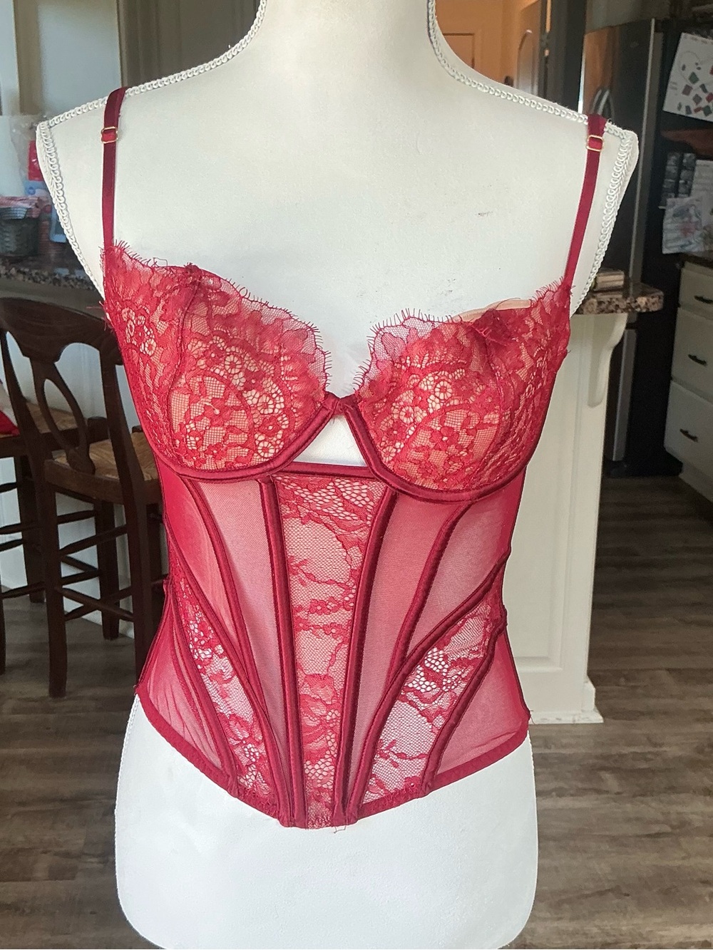 Victorias Secret Red Lace Corset Top Sheer Mesh Bustier Lingerie Vintage Y2K 34C